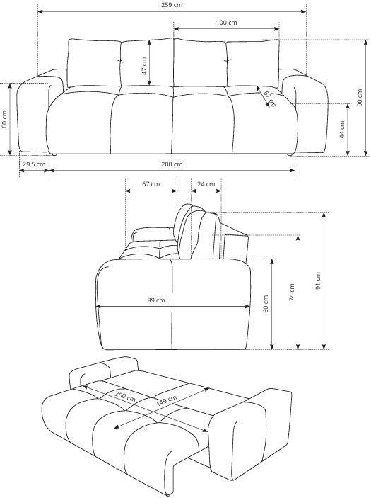 SOHI Kanapa pikowana z funkcją spania i pojemnikiem na pościel - zdjęcie produktu